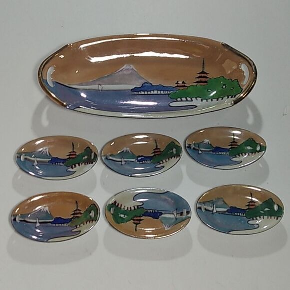 Vintage Handpainted Lusterware Celery Tray & Salts Made in Japan - Picture 8 of 12